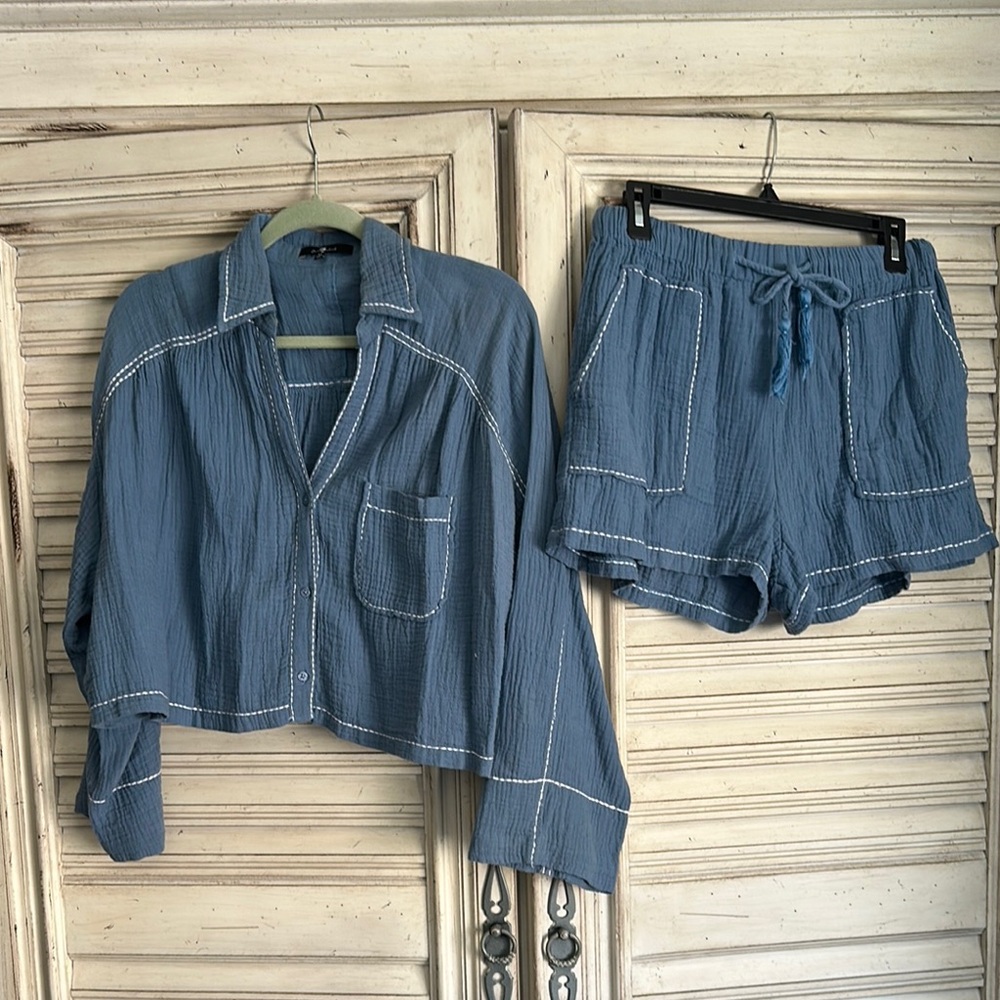 Blue Button-Up Shirt and Shorts Set-7 for all mankind